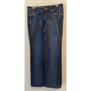 Guess Blue Jean Pants Denim Button Back Pockets Distressed Size 28